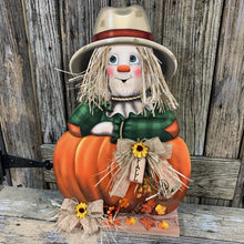 Load image into Gallery viewer, Scarecrow, Pumpkin centerpiece, Fall wood decor, Thanksgiving porch decor, Primitive Scarecrow on pumpkin sign, Fall arrangement, Halloween