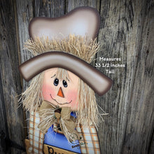 Load image into Gallery viewer, Scarecrow for Fall decoration, Pumpkin sign for porch, Hello Fall sign, Wooden Scarecrow with hat, Halloween porch decor, Thanksgiving decor