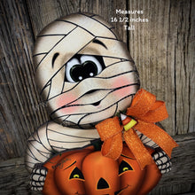 Load image into Gallery viewer, Halloween decoration, Mummy, Jack-o-lantern pumpkin centerpiece, Mummy shelf sitter, Halloween table decor, Candy corn, Fall Farmhouse decor