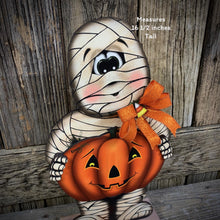 Load image into Gallery viewer, Halloween decoration, Mummy, Jack-o-lantern pumpkin centerpiece, Mummy shelf sitter, Halloween table decor, Candy corn, Fall Farmhouse decor