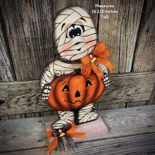 Load image into Gallery viewer, Halloween decoration, Mummy, Jack-o-lantern pumpkin centerpiece, Mummy shelf sitter, Halloween table decor, Candy corn, Fall Farmhouse decor