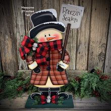 Load image into Gallery viewer, Snowman decoration, Snowman wood decor, Primitive Christmas Snowman, wood Snowman with base, Winter porch decoration, Christmas Wood decor