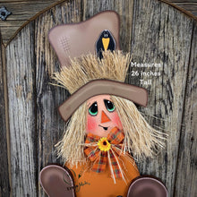 Load image into Gallery viewer, Fall door hanger, Scarecrow door decor, Scarecrow porch decor, Thanksgiving Door Hanger, Halloween door hanger, Sitting Scarecrow with hat