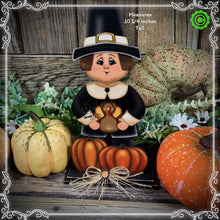 Load image into Gallery viewer, Thanksgiving decoration, Pilgrim and Turkey decor for table, Autumn shelf sitter, Tiered tray, Fall centerpiece, Pilgrim with pumpkin decor