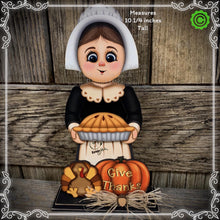 Load image into Gallery viewer, Thanksgiving decoration, Pilgrim and Turkey decor for table, Autumn shelf sitter, Tiered tray, Fall centerpiece, Pilgrim girl, pumpkin decor