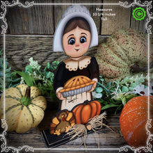 Load image into Gallery viewer, Thanksgiving decoration, Pilgrim and Turkey decor for table, Autumn shelf sitter, Tiered tray, Fall centerpiece, Pilgrim girl, pumpkin decor