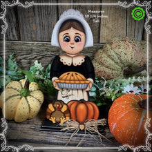 Load image into Gallery viewer, Thanksgiving decoration, Pilgrim and Turkey decor for table, Autumn shelf sitter, Tiered tray, Fall centerpiece, Pilgrim girl, pumpkin decor