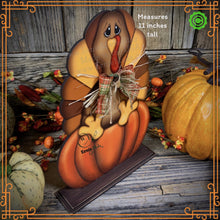 Load image into Gallery viewer, Thanksgiving decoration, Turkey and pumpkin, Autumn floral arrangement for table, shelf, Fall mantle decor Tiered tray, cute wooden Turkey