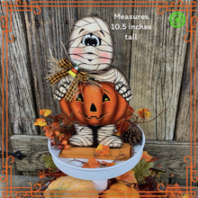 Load image into Gallery viewer, Halloween decoration, Mummy, Jack-o-lantern, pumpkin tier tray decor, Mummy shelf sitter, Halloween, Candy corn decor, Farmhouse fall decor,