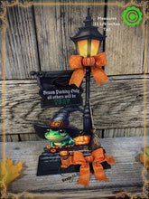 Load image into Gallery viewer, Halloween Decoration, Witch broom parking sign, cute frog with witch hat, Jack o lantern pumpkin, Halloween Witch decor for table or shelf