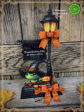 Load image into Gallery viewer, Halloween Decoration, Witch broom parking sign, cute frog with witch hat, Jack o lantern pumpkin, Halloween Witch decor for table or shelf