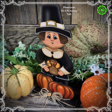 Load image into Gallery viewer, Thanksgiving decoration, Pilgrim and Turkey decor for table, Autumn shelf sitter, Tiered tray, Fall centerpiece, Pilgrim with pumpkin decor