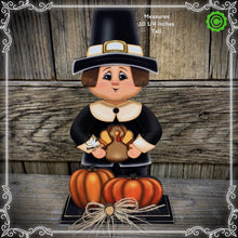 Load image into Gallery viewer, Thanksgiving decoration, Pilgrim and Turkey decor for table, Autumn shelf sitter, Tiered tray, Fall centerpiece, Pilgrim with pumpkin decor