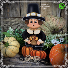 Load image into Gallery viewer, Thanksgiving decoration, Pilgrim and Turkey decor for table, Autumn shelf sitter, Tiered tray, Fall centerpiece, Pilgrim with pumpkin decor