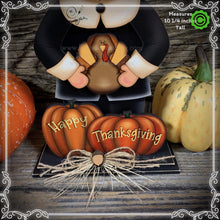 Load image into Gallery viewer, Thanksgiving decoration, Pilgrim and Turkey decor for table, Autumn shelf sitter, Tiered tray, Fall centerpiece, Pilgrim with pumpkin decor