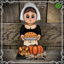 Load image into Gallery viewer, Thanksgiving decoration, Pilgrim and Turkey decor for table, Autumn shelf sitter, Tiered tray, Fall centerpiece, Pilgrim girl, pumpkin decor