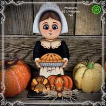 Load image into Gallery viewer, Thanksgiving decoration, Pilgrim and Turkey decor for table, Autumn shelf sitter, Tiered tray, Fall centerpiece, Pilgrim girl, pumpkin decor