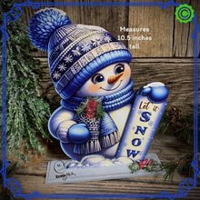 Load image into Gallery viewer, Snowman decoration, Shelf sitter Snowman, Blue and Silver Christmas decor, Winter tiered tray decor, let it snow sign, Wooden Snowman decor