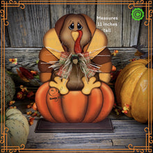 Load image into Gallery viewer, Thanksgiving decoration, Turkey and pumpkin, Autumn floral arrangement for table, shelf, Fall mantle decor Tiered tray, cute wooden Turkey