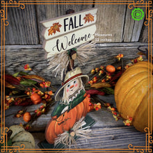 Load image into Gallery viewer, Fall Scarecrow decoration, tier tray, kitchen island fall arrangement, riser decor, wooden shelf sitter, Halloween, Farmhouse, Thanksgiving