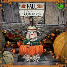 Load image into Gallery viewer, Fall Scarecrow decoration, tier tray, kitchen island fall arrangement, riser decor, wooden shelf sitter, Halloween, Farmhouse, Thanksgiving