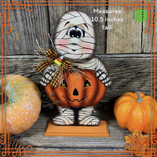 Load image into Gallery viewer, Halloween decoration, Mummy, Jack-o-lantern, pumpkin tier tray decor, Mummy shelf sitter, Halloween, Candy corn decor, Farmhouse fall decor,