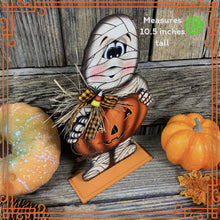 Load image into Gallery viewer, Halloween decoration, Mummy, Jack-o-lantern, pumpkin tier tray decor, Mummy shelf sitter, Halloween, Candy corn decor, Farmhouse fall decor,
