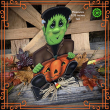 Load image into Gallery viewer, Frankenstein, Cute Halloween Monster, tiered tray, jack-o-lantern pumpkin decoration, Halloween decoration, Wooden Frankenstein and pumpkin