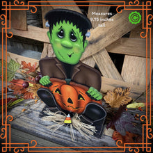 Load image into Gallery viewer, Frankenstein, Cute Halloween Monster, tiered tray, jack-o-lantern pumpkin decoration, Halloween decoration, Wooden Frankenstein and pumpkin