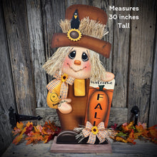 Load image into Gallery viewer, Fall decoration, Scarecrow and Pumpkin, Thanksgiving arrangement for table, cute Halloween, autumn floral, Welcome Fall sign for entryway
