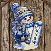 Load image into Gallery viewer, Christmas Snowman door hanger for Winter, Blue and white Snowman with scarf and hat, front door wreath, cute Wooden Snowman let it snow sign