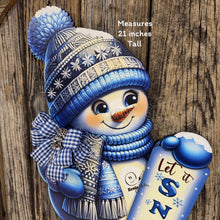 Load image into Gallery viewer, Christmas Snowman door hanger for Winter, Blue and white Snowman with scarf and hat, front door wreath, cute Wooden Snowman let it snow sign