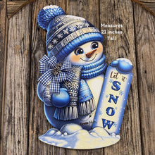 Load image into Gallery viewer, Christmas Snowman door hanger for Winter, Blue and white Snowman with scarf and hat, front door wreath, cute Wooden Snowman let it snow sign