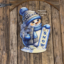 Load image into Gallery viewer, Christmas Snowman door hanger for Winter, Blue and white Snowman with scarf and hat, front door wreath, cute Wooden Snowman let it snow sign