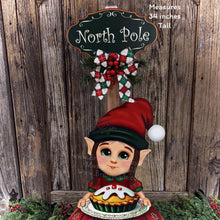 Load image into Gallery viewer, Elf Decoration for Christmas, Baking elf girl, North Pole sign, Farmhouse wooden elf with sign, Gingerbread decor, Holiday elf centerpiece