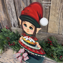 Load image into Gallery viewer, Christmas girl elf decoration, Holiday tiered tray, Elf shelf sitter, Christmas Elf sweets table decor, Kitchen Gingerbread, baking elf girl