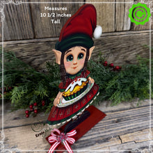 Load image into Gallery viewer, Christmas elf decoration, Holiday tiered tray, Girl Elf shelf or mantel decor, Gingerbread, little elves for tabletop Kitchen counter