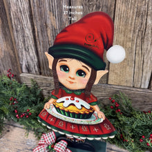 Load image into Gallery viewer, Christmas girl elf decoration, Holiday tiered tray, Elf shelf sitter, Christmas Elf sweets table decor, Kitchen Gingerbread, baking elf girl