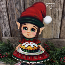 Load image into Gallery viewer, Christmas girl elf decoration, Holiday tiered tray, Elf shelf sitter, Christmas Elf sweets table decor, Kitchen Gingerbread, baking elf girl