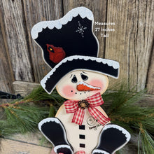 Load image into Gallery viewer, Snowman decoration for Winter, tiered tray shelf sitter, Frosty Snow decor, Wooden sitting Snowman with red Cardinal, countertop centerpiece