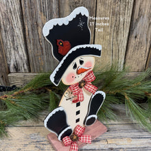 Load image into Gallery viewer, Snowman decoration for Winter, tiered tray shelf sitter, Frosty Snow decor, Wooden sitting Snowman with red Cardinal, countertop centerpiece