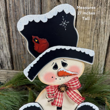 Load image into Gallery viewer, Snowman decoration for Winter, tiered tray shelf sitter, Frosty Snow decor, Wooden sitting Snowman with red Cardinal, countertop centerpiece
