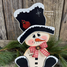 Load image into Gallery viewer, Snowman decoration for Winter, tiered tray shelf sitter, Frosty Snow decor, Wooden sitting Snowman with red Cardinal, countertop centerpiece