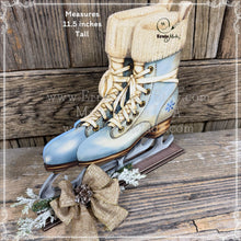 Load image into Gallery viewer, Skates Winter decoration, wooden pair of vintage style Skates on base, decorative Farmhouse, riser, tiered tray, mantel, table, Snow decor