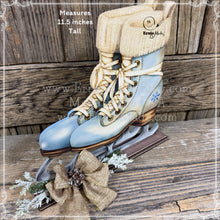 Load image into Gallery viewer, Vintage Ice Skates decoration, Wooden painted antique style Skates on base Farmhouse winter snowman decor for tiered tray, mantel, table-top