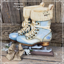 Load image into Gallery viewer, Vintage Ice Skates decoration, Wooden painted antique style Skates on base Farmhouse winter snowman decor for tiered tray, mantel, table-top