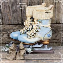 Load image into Gallery viewer, Vintage Ice Skates decoration, Wooden painted antique style Skates on base Farmhouse winter snowman decor for tiered tray, mantel, table-top