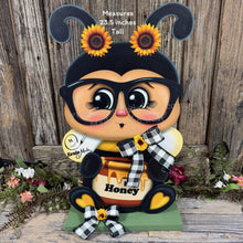 Load image into Gallery viewer, Bee decoration for summer, Bee floral arrangement, Wooden Bee with stand, Queen Bee, cute bumble Bee, entry way, shelf, garden, porch decor