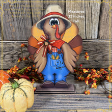 Load image into Gallery viewer, Thanksgiving Turkey decoration, funny whimsical wooden Turkey with overalls, Tiered tray, farmhouse shelf sitter, Fall table arrangement