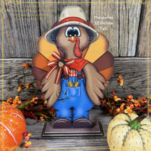 Load image into Gallery viewer, Thanksgiving Turkey decoration, funny whimsical wooden Turkey with overalls, Tiered tray, farmhouse shelf sitter, Fall table arrangement